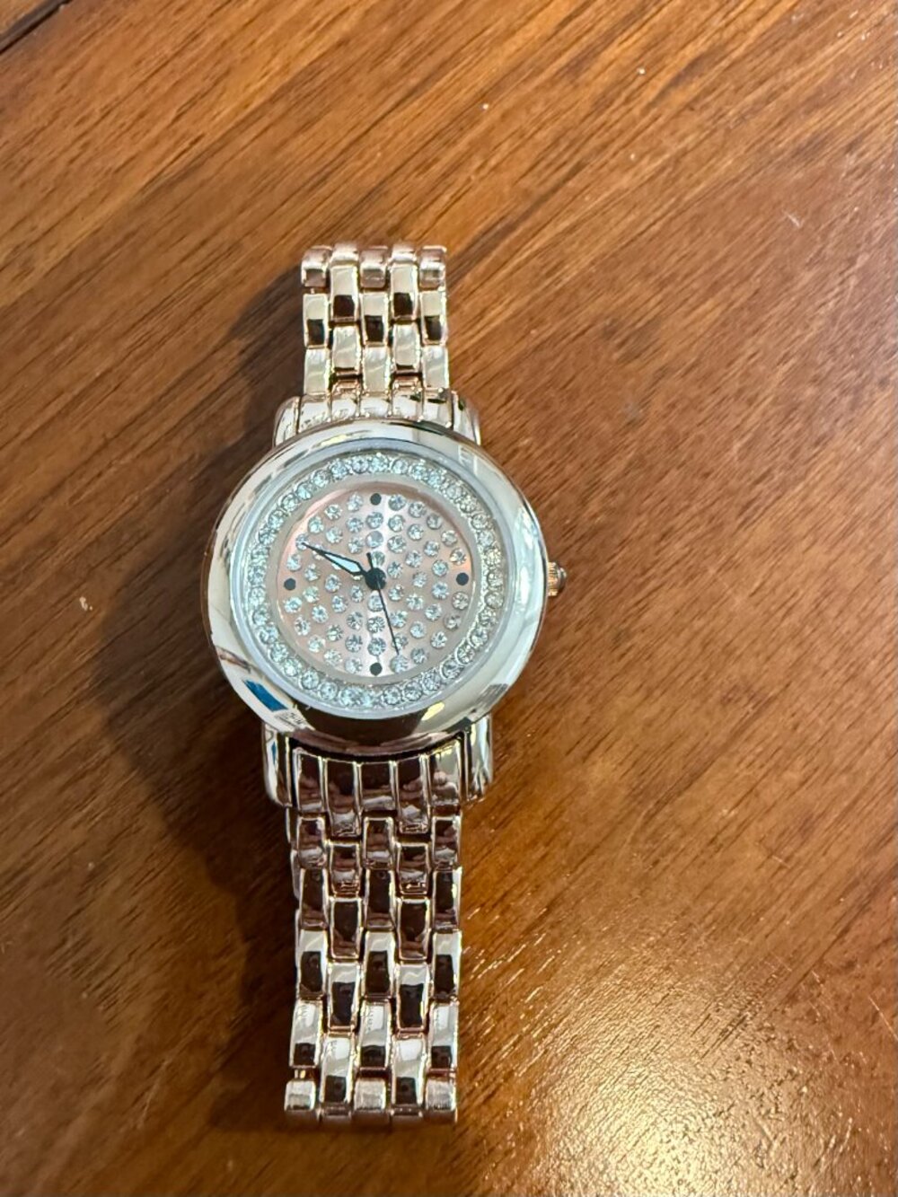Rose gold tone link watch, crystal dial, deploy clasp, Japanese movement